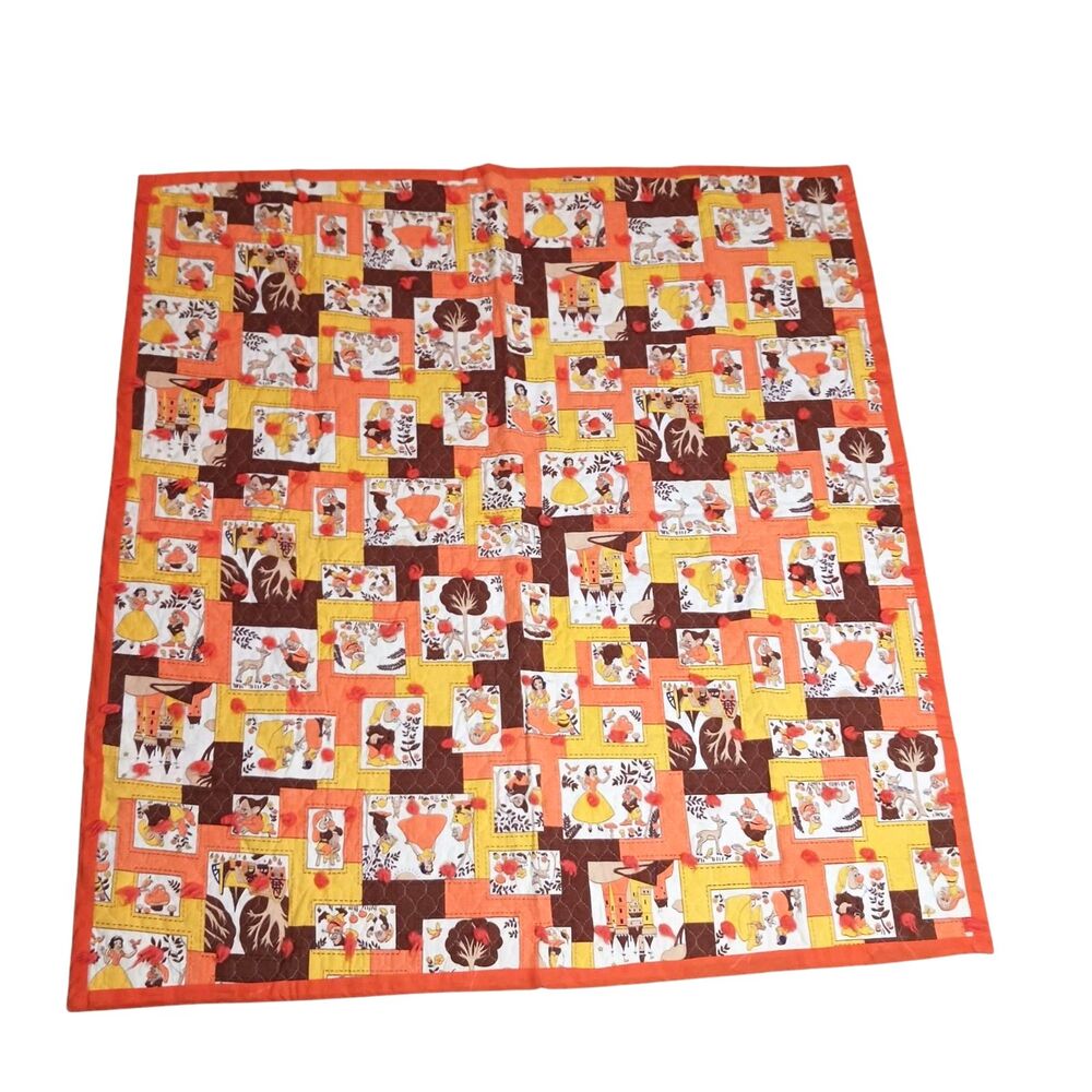 Vtg  Handmade Baby Quilt Flannel Disney Snow White Dwarfs MCM Tied